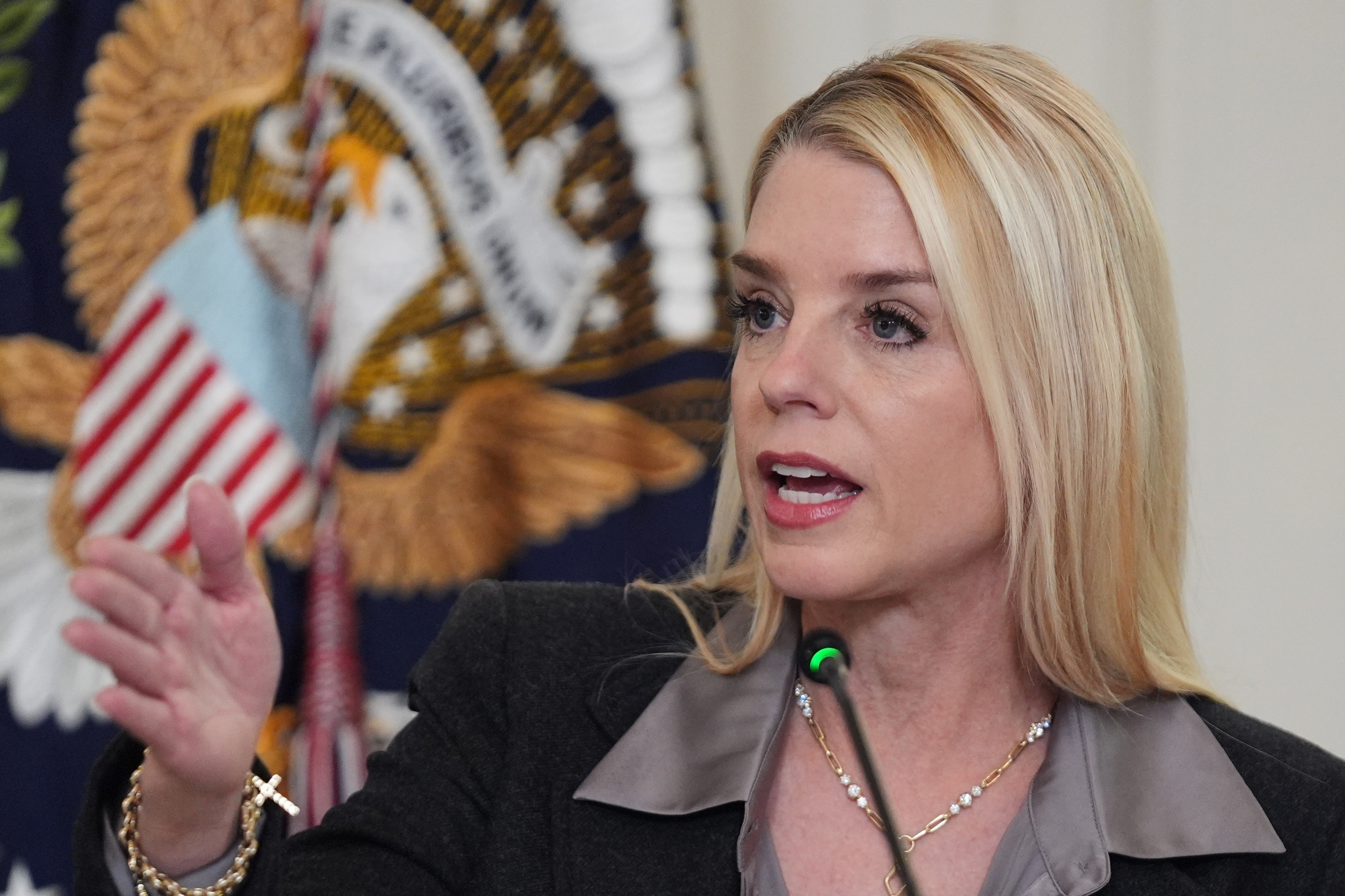 Attorney General Pam Bondi speaks during a roundtable on criminal cartels with President Donald Trump in the State Dining Room of the White House, Thursday, Oct. 23, 2025, in Washington.